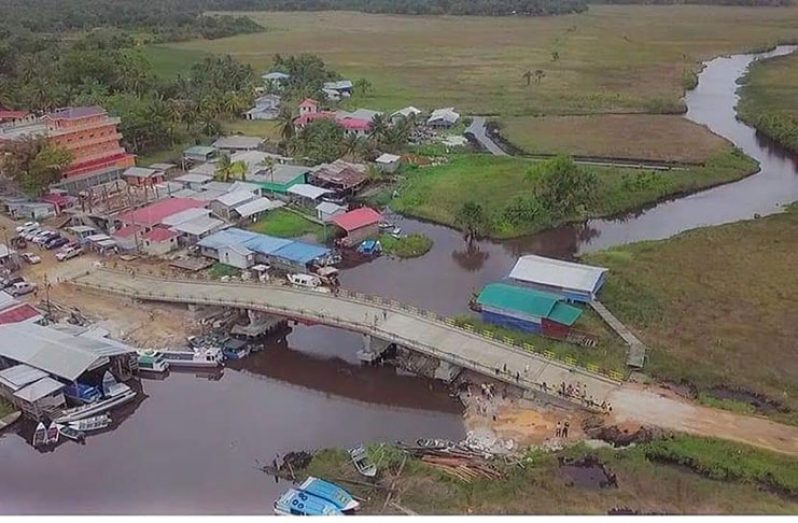 An aerial view of the bridge which connects the villages of San Jose with the busy Kumaka at Santa Rosa, Moruca (MOPI photo)