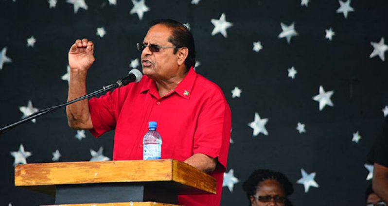 Acting President Moses Nagamootoo making a point during his Labour Day Address to public servants on Sunday at the National Park