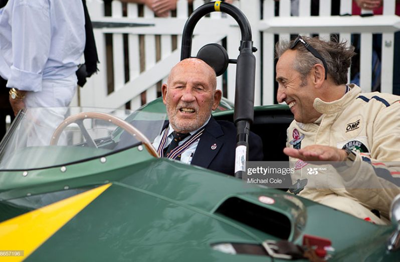 SEPTEMBER 09: Sir Stirling Moss in Aston Martin DB3S, owned by Steve Boultbee Brooks, in the Assembly Area at Goodwood on September 9, 2016 in Chichester, England. (Photo by Michael Cole/Corbis via Getty Images)
