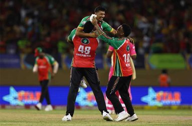 Gudakesh Motie of Guyana Amazon Warriors celebrates with teammates after getting the wicket of Kofi James of Barbados Royals during the Men's 2025 Republic Bank Caribbean Premier League match between Guyana Amazon Warriors v Barbados Royals at Providence Stadium on September 14, 2025, in Georgetown, Guyana. (Photo by Ashley Allen - CPL T20/CPL T20 via Getty Images)