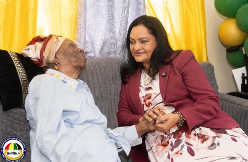 Centenarian Ms. Eileen Bunbury and Minister of Human Services and Social Security, Dr. Vindhya Persaud shared a light moment at her home in Plaisance, East Coast Demerara, to celebrate her 100th birthday