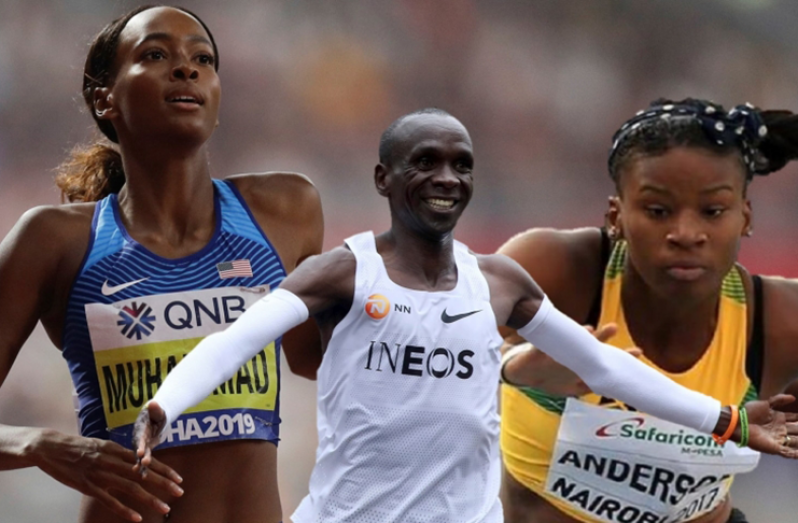 From left, Dalilah Muhammad, Eliud Kipchoge, and Brittany Anderson