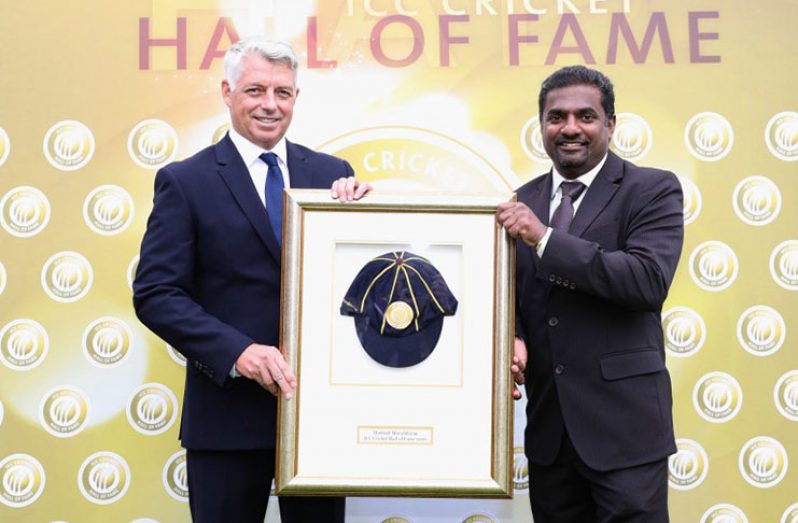 Muttiah Muralitharan is inducted into the ICC Hall of Fame during the innings break in the Champions Trophy match between India and Sri Lanka at The Oval. (Getty Images)