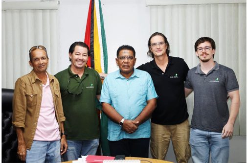 The Minister of Agriculture (centre), the Managing Director of Hope Coconut Estate, Mr. Ricky Roopchand (extreme left), and the three representatives, Tiago Seixas Themudo, the Caribbean Export Manager, Lailton Arruda Barreto Filho, the Director of New Projects Operation, and Lailton Arruda Barreto, the CEO from COHIBRA, Brazil, during their visit at the minister's office in Georgetown, Guyana