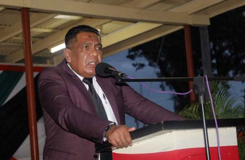 Agriculture Minister, Zulfikar Mustapha, delivering the feature address during the flag-raising ceremony at State House, New Amsterdam, Region Six, on Tuesday (DPI photo)