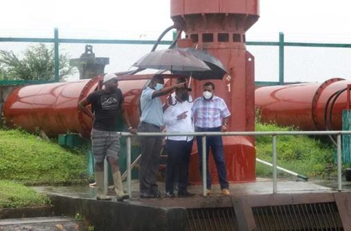 Minister of Agriculture Zulfikar Mustapha (centre) and other officials during a visit to the Liliendaal Pump Station earlier this year (File Photo)