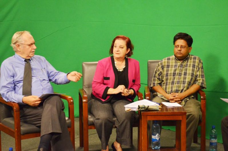 Panel discussion: Seated from left are, Chairman of the Private Sector Commission, Mr. Ronald Webster; Government’s Chief Whip and Presidential Advisor, Ms. Gail Teixeira; and Finance Minister, Dr Ashni Singh at last evening’s panel discussion on the implications of non-passage of the proposed Anti-Money Laundering and Countering the Financing of Terrorism (AMLCFT) Bill