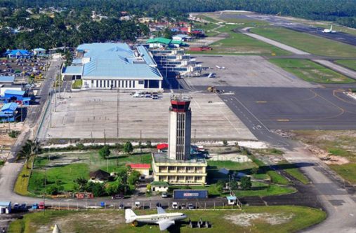 A view of the terminal and part of the runway at the Cheddi Jagan International Airport, Timehri