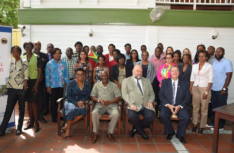 Representatives of several Non-Governmental Organisations (NGOs)  attended the launching of the USAID Local Capacity for Local Solutions Project at the Cara Lodge on Tuesday. 
Seated from left to right are: Chief of Party USAID Juliette Bynoe-Sutherland; Minister within the Ministry of Social Protection Keith Scott; United States Ambassador to Guyana Perry Holloway and USAID ESC Mission Director Christopher Cushing (Samuel Maughn photo)