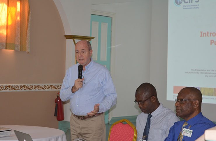 (From Left) UNDP Procurement Specialist Rodofo Sanjurjo, Senior Procurement Specialist, Michael De Jonge and NPTAB Chairman, Berkley Wickham during their address to the participants