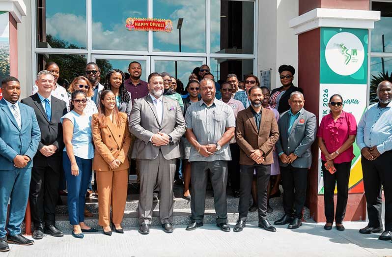 Permanent Secretary Roger Rogers, IDB Chief of Operations Ivan Gavira, and GNBS Executive Director, Trevor Bassoo and other officials at the workshop on Monday (Elton John photo)