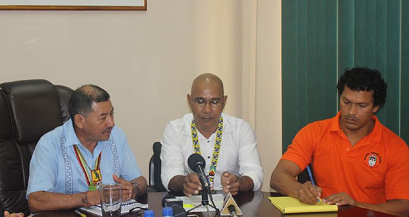 (L-R) Minister of Indigenous Peoples’ Affairs, Sydney Allicock, Chairman of the NTC, Joel Fredericks, and Vice-Chairman of the NTC, Lennox Shuman at Friday’s press conference