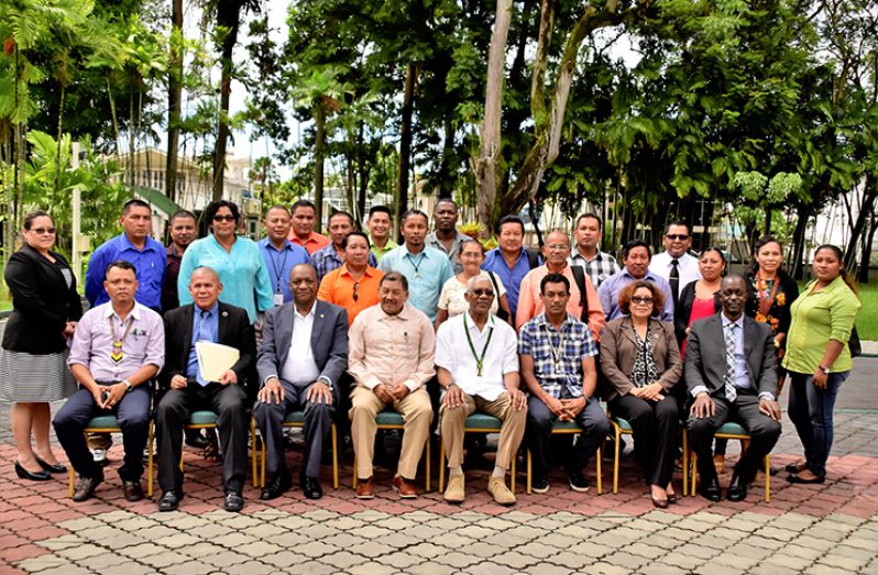 President Granger and his ministers pose with Indigenous leaders following their meeting at State House on Wednesday (MoTP photo)