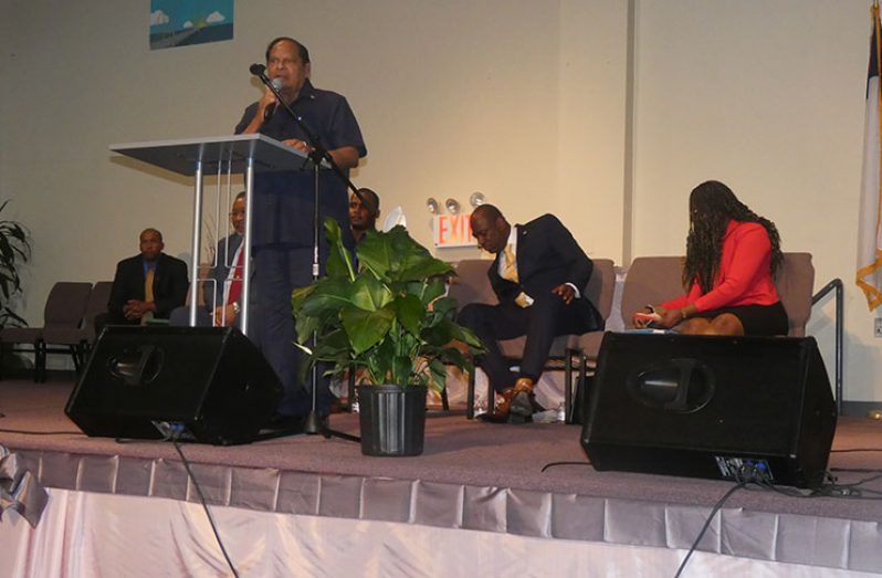 Prime Minister Moses Nagamootoo addressing the audience at the town hall meeting in New York