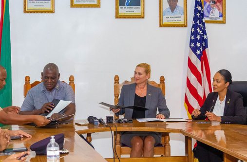 The agreement was signed by US Ambassador to Guyana, Nicole Theriot; First Deputy Commissioner of NYPD, Tania Kinsella and Home Affairs Minister Robeson Benn (Shaniece Bamfield photo)