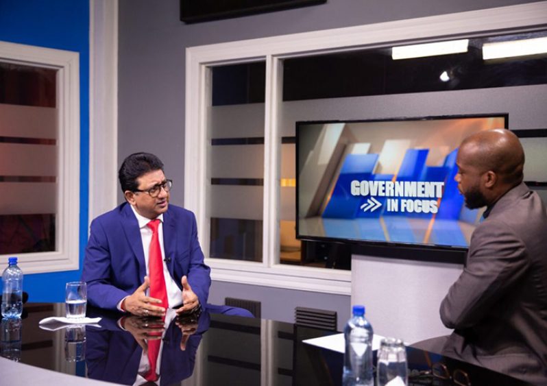 Attorney-General and Minister of Legal Affairs, Anil Nandlall responds to questions from host, Leeron Brummel during the programme ‘Government in Focus’