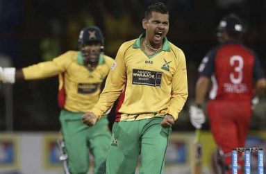 Let’s go Sunil, bamboozle them again! A pumped-up Sunil Narine celebrates after bowling the first maiden over in a T20 Super Over contest last Thursday night, when the Guyana Amazon Warriors defeated Red Steel. (Photo courtesy Getty Images)