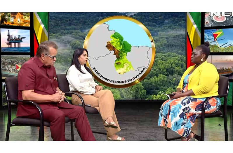 National Security Adviser and renowned private sector stakeholder, Captain Gerry Gouveia and Minister of Public Service, Sonia Parag engage the moderator of one of the national awareness sessions, Nakasia Logan, on Saturday