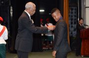President David Granger presents the Golden Arrow of Achievement to National Cricketer, Leon Johnson (Delano Williams photo)