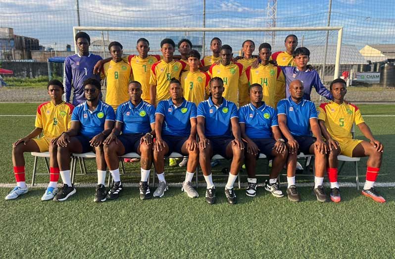 Guyana U-15 squad along with officials at the National Training Centre at Providence before departure