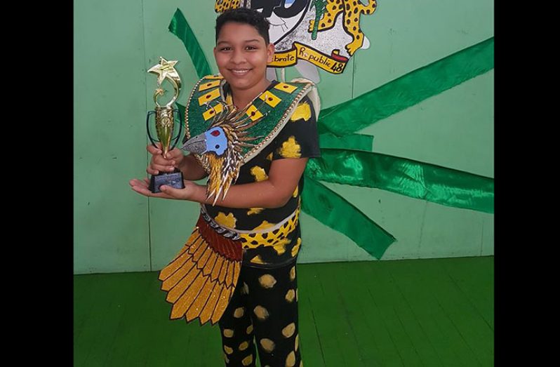 Joelton De Oliveira in the costume that won in the Individual Costume category of the Regional Children’s Mashramani Competition (Photo compliments of Mischka White)