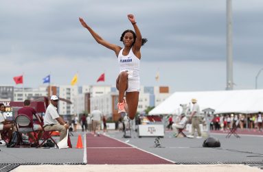 Natricia Hooper takes flight for the ‘Gators’ to set a new Guyana women’s National Triple Jump record (13.92 metres) on May 15, 2021.