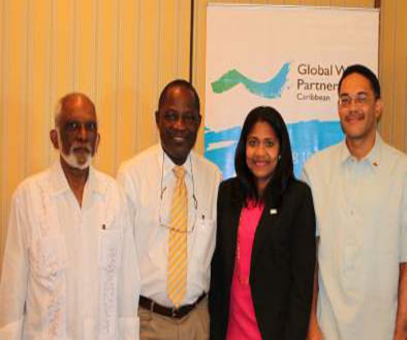 Mr. Navin Chandarpal (left) is seen here with Professor Jacob Opadeyi, a Former GWP-C Chair (2nd from right), Ms. Judy Daniel, Chair of the GWP-C (3rd from left) and Mr. Christopher Corbin (right) of the Caribbean Environment Programme at a panel discussion hosted by the GWP-C on October 7th, 2013 in Barbados. Mr. Chandarpal had been invited by GWP-C as a panelist along with other key collaborating partners to get feedback on how the GWP-C can continue to strengthen its relationship with other agencies.