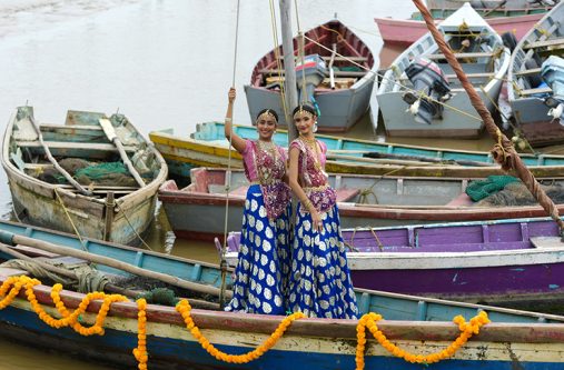 Two dancers who will be part of the stage show during the photoshoot of Naya Zamana 22 (Guyana Hindu Dharmic Sabha photo)
