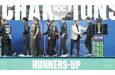 Runners-up New Zealand are greeted by officials on the presentation podium, including ICC chair Jay Shah and BCCI secretary Devajit Saikia  