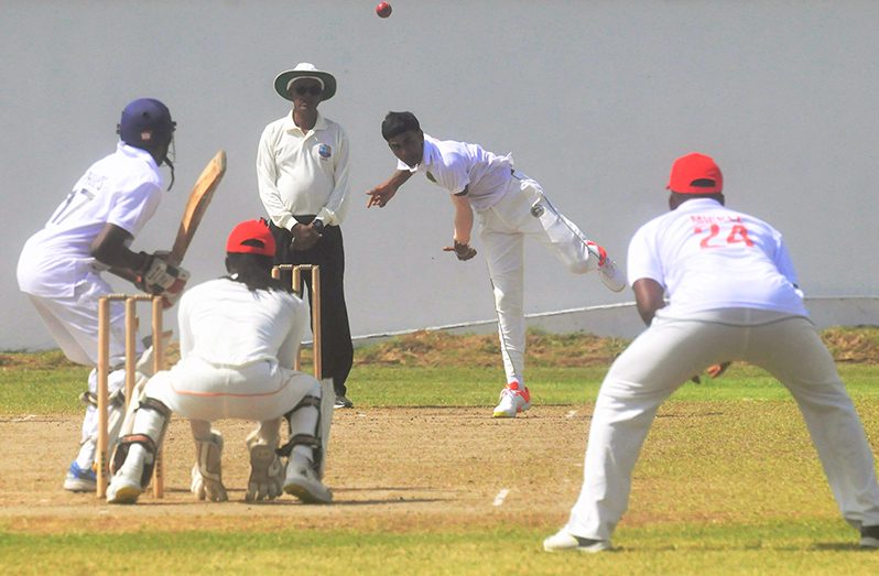 Nigel Deodat about to trap Garfield Philips lbw yesterday to finish with 6-49 before making 30 in a losing effort (Sean Devers photo)