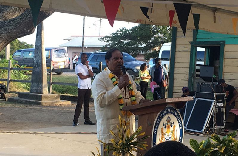 Prime Minister Moses Nagamootoo addressing the community of Auchlyne on Friday afternoon