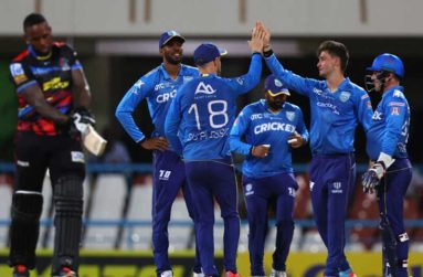 Noor Ahmad of St. Lucia Kings celebrates with teammates after getting the wicket of Fabian Allen of Antigua and Barbuda Falcons during the Men's 2024 Republic Bank Caribbean Premier League match between Antigua and Barbuda Falcons and St Lucia Kings at Sir Vivian Richards Cricket Stadium on Tuesday night. (Photo by Ashley Allen - CPL T20/CPL T20 via Getty Images)