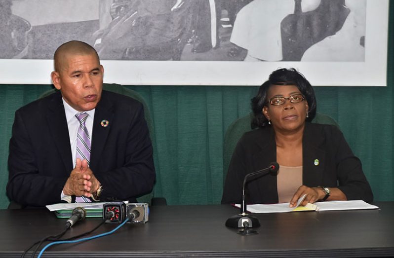Dr. George Norton and Programme Coordinator of the Ministry of Social Cohesion, Ms. Sharon Patterson, at yesterday’s press conference