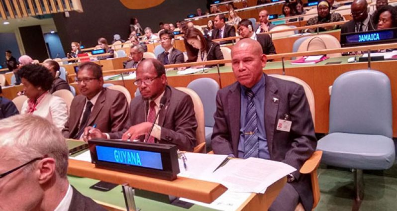 Minister of Public Health Dr George Norton (r), Guyana’s Permanent Representative at the UN, Ambassador George Talbot (centre) and Shiraz Mohamed (L), First Secretary in the Guyana Mission at the UN Headquarters, New York, on Wednesday