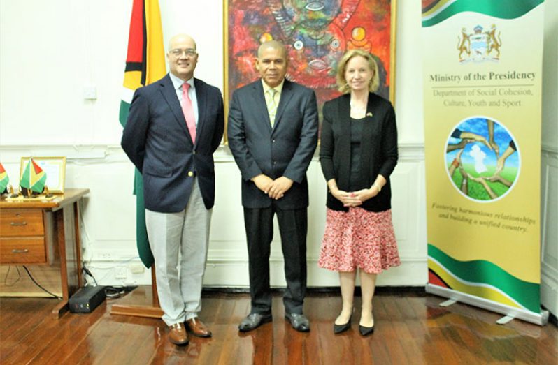 Hon. Minister of Social Cohesion, with responsibility for Culture, Youth and Sport, Dr. George Norton, flanked by New Deputy Chief of Mission attached to the United States Embassy in Georgetown, Mr.  Mark W. Cullinane and US Ambassador to Guyana, Ms. Sarah-Ann Lynch