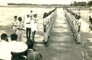 Arrival of the Duke of Kent at Atkinson Field (now Cheddi Jagan International Airport) in May, 1966. This was the Guard of Honour by the Guyana Defence Force. Among those in photo are Commander Captain V St Williams, Subaltern Second Lieutenant Carl Morgan, Lieutenant Colonel RJ Pope and Guyanese ADC to the Duke  Second Lieutenant VI Boodhoo. The GDF ceremonial uniform on display for the first time). The Duke was welcomed by Premier Burnham and the Governor Sir Richard Luyt.