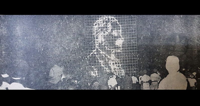BURNHAM IN LIGHTS - 
INDEPENDENCE 1966: In what the Guiana Graphic described as a masterpiece in pyrotechnics, the portrait of Prime Minister Forbes Burnham lit up the night sky. The portrait of the Prime Minister took 1000 fireworks, as did images of the Flag of Guyana and the Map of Guyana. There was also an image of Kaieteur Falls, which took 400 fireworks