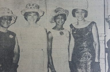 Independence hats - 
Models of an Independence hat contest in March, 1966, from left to right, Mrs Sonny Boyce, Mrs Donna Smith, Lena Bowen, Bona Jay and Bridget Chow-How.  The hats were chosen as those women were likely to wear on Independence Day.