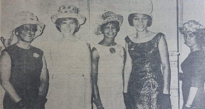 Independence hats - 
Models of an Independence hat contest in March, 1966, from left to right, Mrs Sonny Boyce, Mrs Donna Smith, Lena Bowen, Bona Jay and Bridget Chow-How.  The hats were chosen as those women were likely to wear on Independence Day.