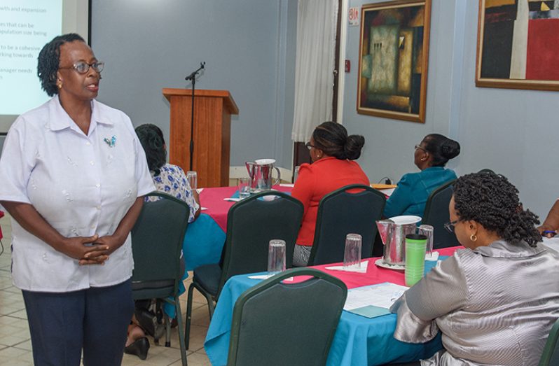 Public Health Nurse Debra Ann Henry addressing health workers at the Quarterly Review Meeting for Maternal and Child Health/ Expanded Programme on Immunisation (Samuel Maughn photo)