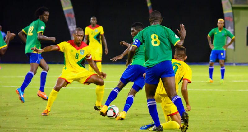 Christopher Nurse in action for Guyana against St Vincent and the Grenadines at the Guyana National Stadium (Samuel Maughn photo).