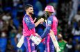 Naveen ul Haq (left) and Nyeem Young of Barbados Royals celebrate winning the Men's 2024 Republic Bank Caribbean Premier League Match Nine between Saint Kitts and Nevis Patriots and Barbados Royals at Warner Park Sporting Complex on September 6, 2024 in Basseterre, Saint Kitts and Nevis. (Photo by Randy Brooks/CPL T20 via Getty Images)