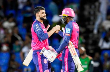 Naveen ul Haq (left) and Nyeem Young of Barbados Royals celebrate winning the Men's 2024 Republic Bank Caribbean Premier League Match Nine between Saint Kitts and Nevis Patriots and Barbados Royals at Warner Park Sporting Complex on September 6, 2024 in Basseterre, Saint Kitts and Nevis. (Photo by Randy Brooks/CPL T20 via Getty Images)