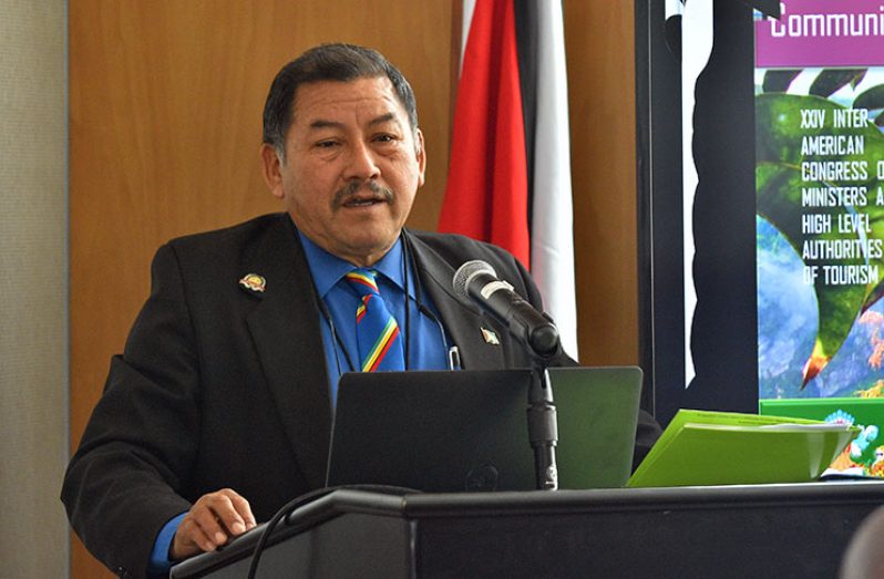 Vice President and Minister of Indigenous People’s Affairs, Sydney Allicock tells the member states of the Organization of American States (OAS) of the great beauty which exists in the interior of Guyana (Photo by Samuel Maughn)