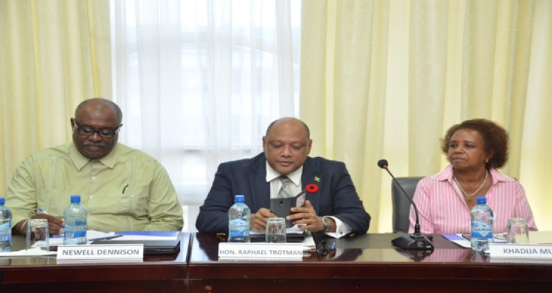 Minister of Governance Raphael Trotman, UN Resident Coordinator and UNDP Resident Representative Khadija Musa, and Guyana Geology and Mines Commission (GGMC) Deputy Commissioner Newell Dennison at yesterday’s forum