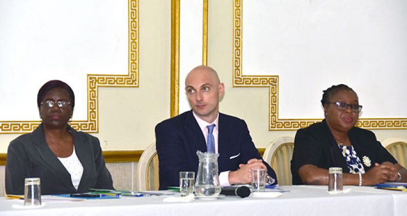 At left: Ministry of Education Permanent Secretary Delma Nedd, UNICEF Deputy Representative for Guyana and Suriname Paolo March and Deputy Chief Education Officer, Donna Chapman at the OOSCI workshop on Wednesday (Adrian Narine Photo)