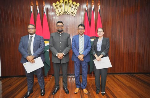 Everton Singh-Lammy, President Dr. Irfaan Ali, Minister of Legal Affairs and Attorney General Anil Nandlall, and Marie Correia (Office of the President Photos)