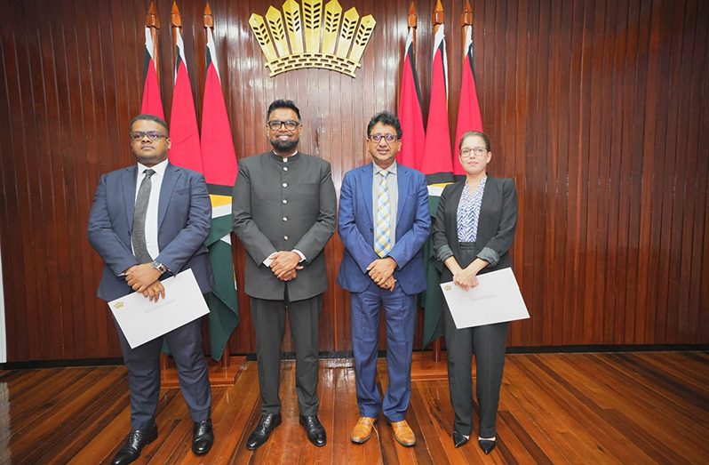 Everton Singh-Lammy, President Dr. Irfaan Ali, Minister of Legal Affairs and Attorney General Anil Nandlall, and Marie Correia (Office of the President Photos)