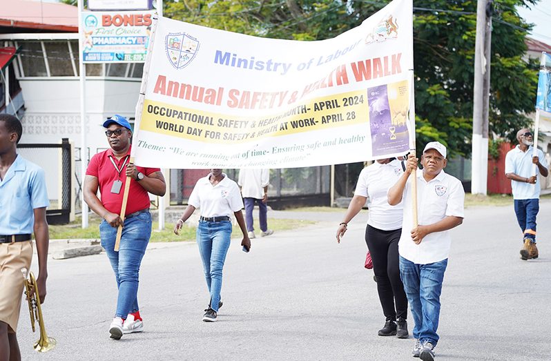 An Occupational Safety and Health (OSH) Month Awareness Walk was held in New Amsterdam, Region Six on Thursday (MoL photo)