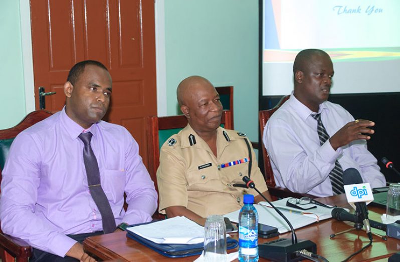 From left: Crime Chief, Wendell Blanhum; ‘A’ Division Commander, Marlon Chapman; and Senior Superintendent ,Royston Andries-Junor, at the Social Services Committee meeting on Friday.